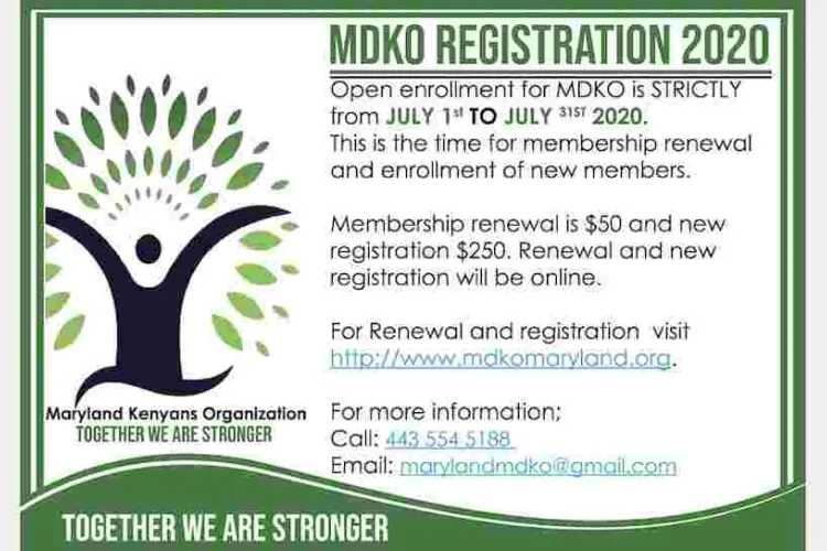 MDKO (Maryland Kenyans Organization) 2020 Open Enrollment Period: July 1st - July 31st