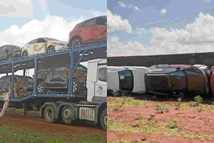 Car Importer Counting Huge Loses as Vehicle Carrier Overturns on Nairobi-Mombasa Highway  