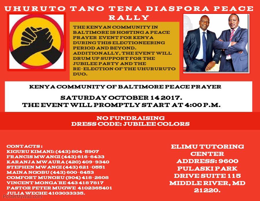 UhuRuto Tano Tena Diaspora Peace Rally: Sat, October 14th in Baltimore, Maryland