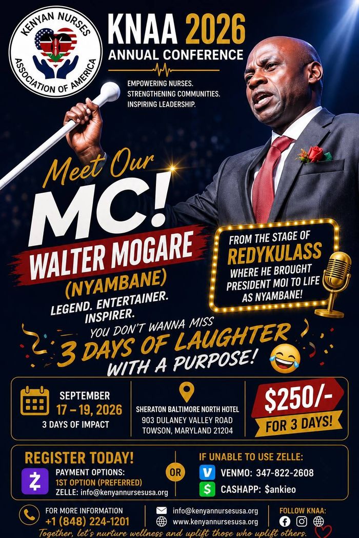 KNAA 2026 Annual Conference: meet our MC Walter Mogare, Nyambane, from the stage of Redykulass. Three days of laughter with a purpose, 17 to 19 September 2026.