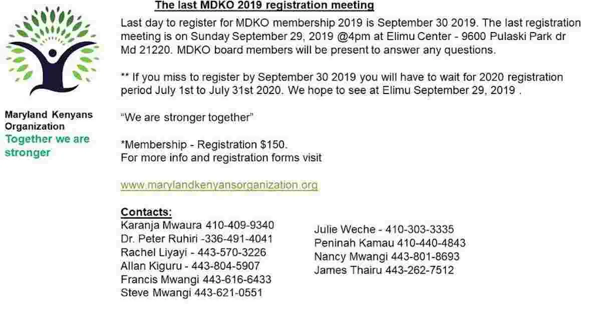 Maryland Kenyans Organization Final Registration Meeting: Sunday, September 29th, 2019