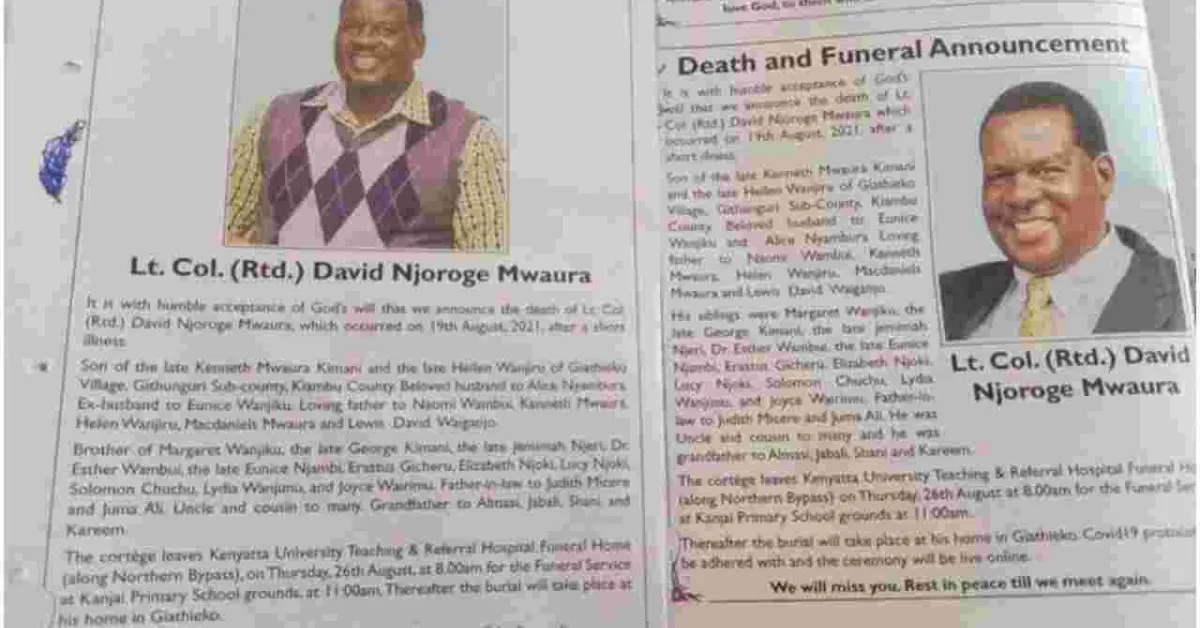 Kiambu Family Divided on Deceased Kin’s Marital Status, Places Two Parallel Obituaries in Newspaper