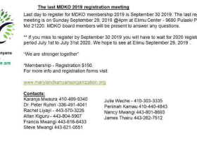 Maryland Kenyans Organization Final Registration Meeting: Sunday, September 29th, 2019