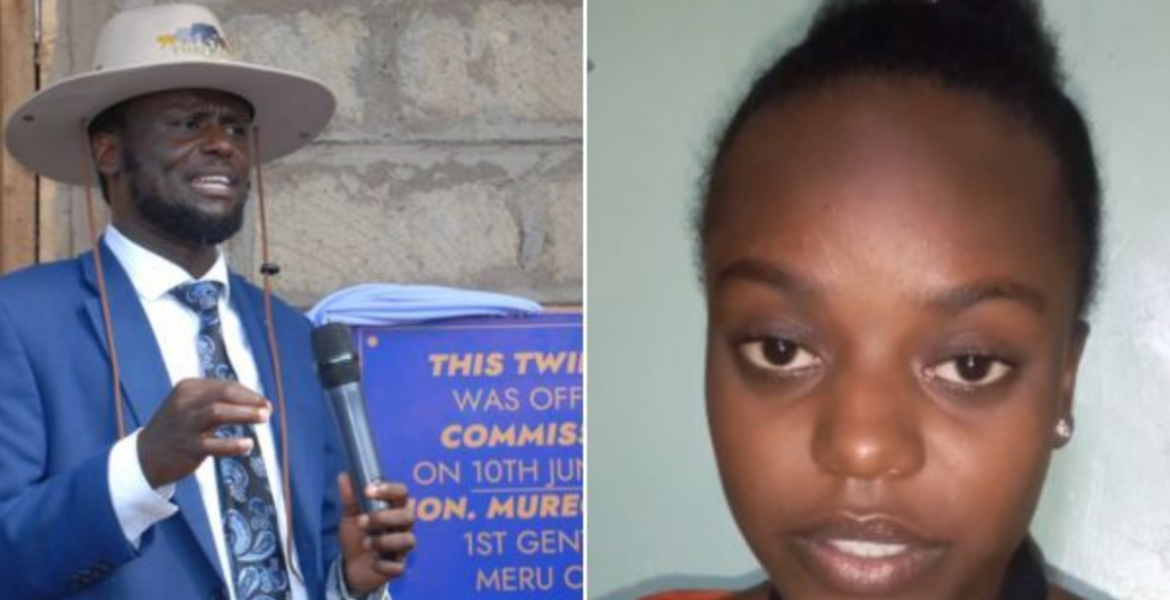 A collage of Meru's first Gentleman Murega Baichu Commissioning a Dorm on June 12, 2023 (left) and a Screengrab of Riziki Murega (right) Kawira Mwangaza's Step-Daughter Begs for Help to Clear Sh150,000 School Fees