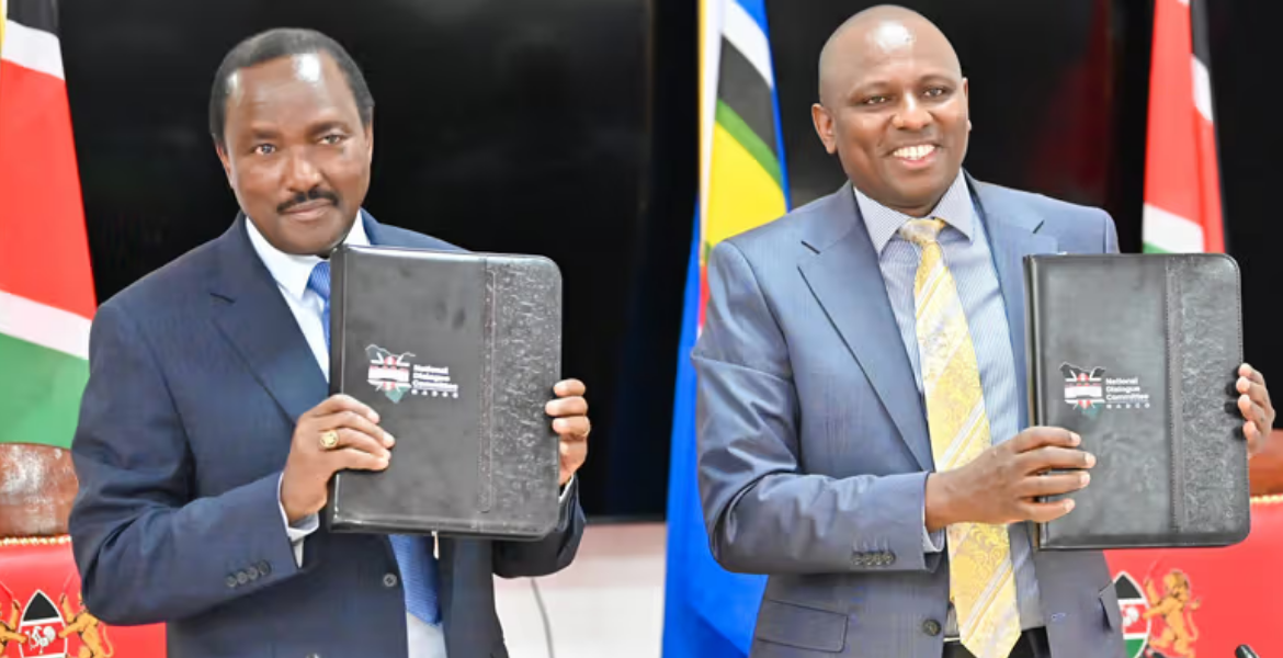 National Dialogue Committee (NADCO) Leaders Kalonzo Musyoka of the Azimio Coalition and Kimani Ichung'wah of the Kenya Kwanza Coalition Key NADCO Recommendations Presented to Raila Odinga and William Ruto