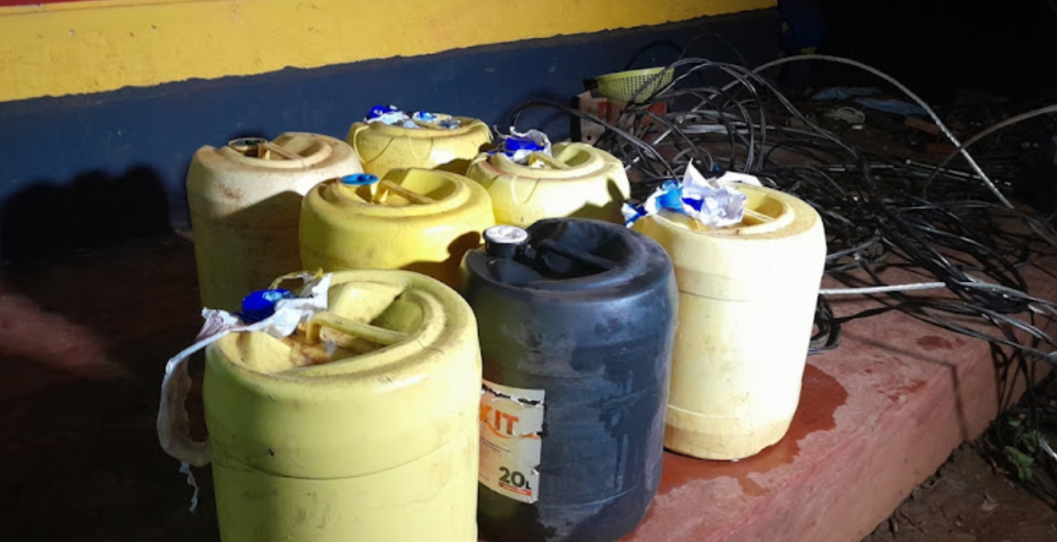 The Vandalised oil in Jeri Cans and Other Equipment at Thika Police Station Thika Man Arrested in Possession of 140 Litres of Transformer Oil