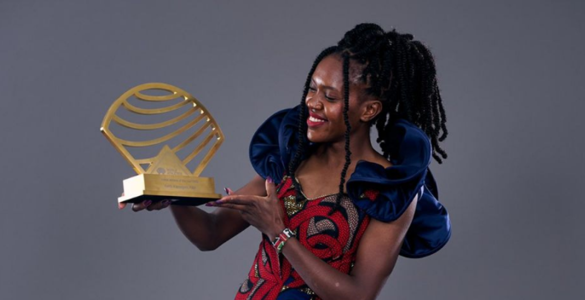 Kenya's Faith Kipyegon Poses for Photos With her World Athletics Female Track Athlete of the Year Award Kipyegon and Kiptum Crowned Top Athletes in Africa