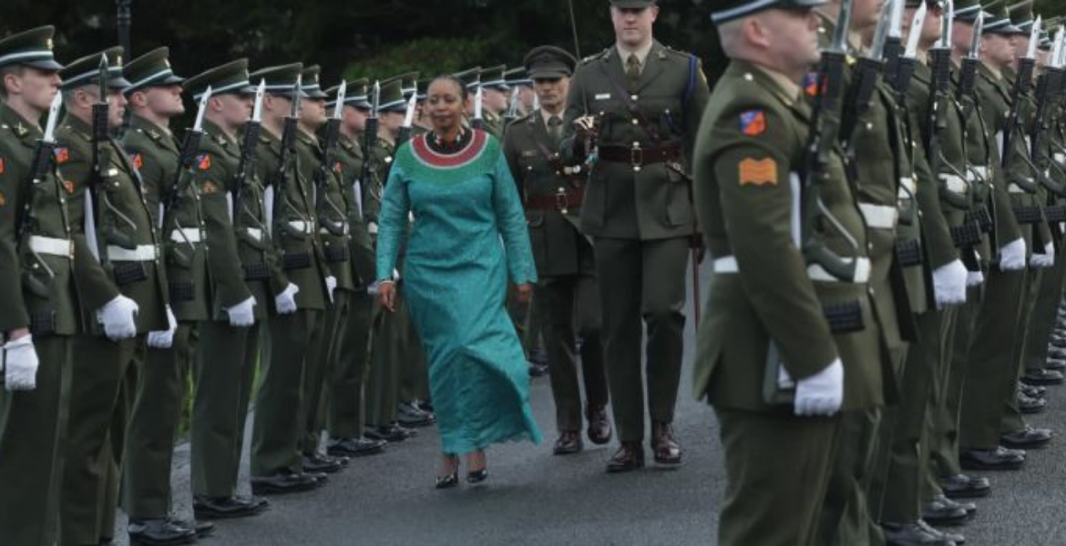 Kenyan Ambassador to Ireland Tabu Irina Inspecting a Guard of Honour Kenyan Ambassador Receives High-Profile Irish Military Reception