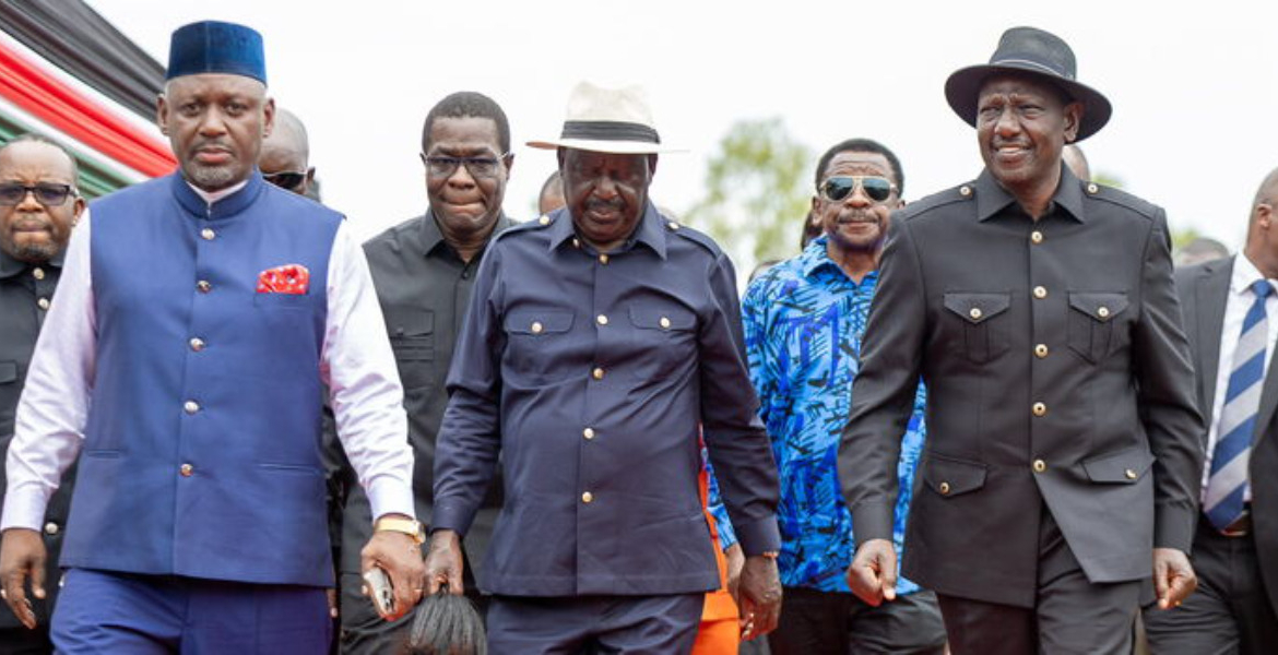 President William Ruto (right), Accompanied by ODM Leader Raila Odinga (centre) and Other Leaders Raila Odinga Donates Five Acres in Kisumu for Affordable Housing Project