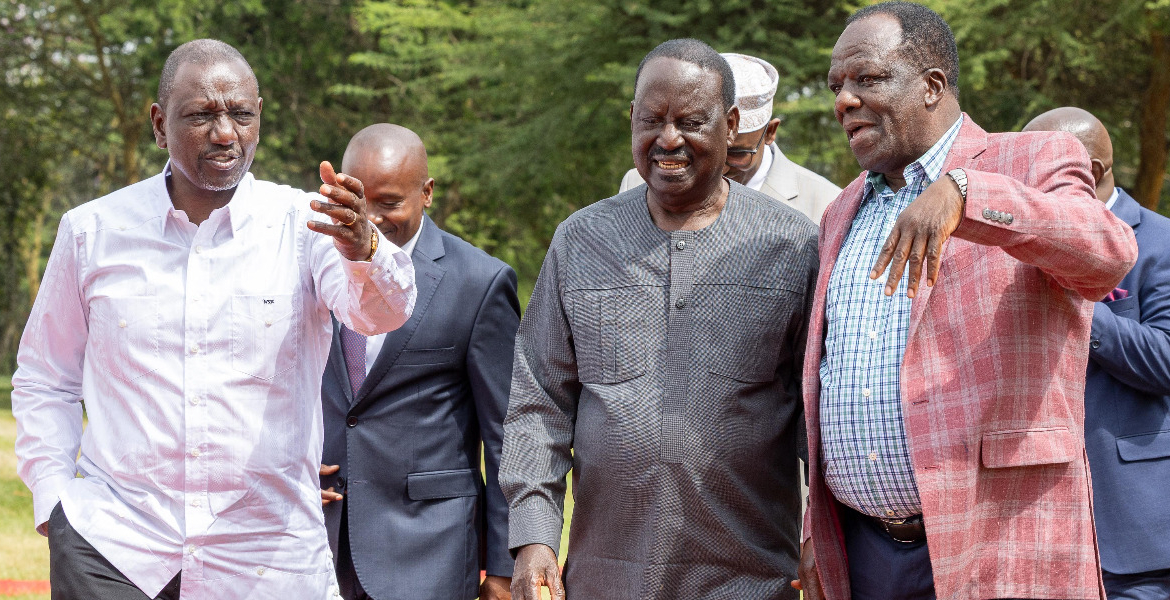 President William Ruto, Former PM Raila Odinga and Cooperatives CS Wycliffe Oparanya Raila Regrets Collapse of Sh637 Billion Adani Airport Deal