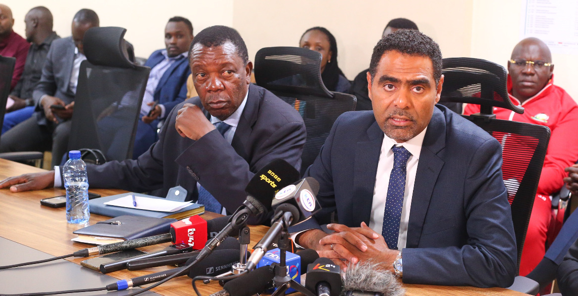 LOC chairman Nicholas Musonye with FKF president Hussein Mohammed CAF Fines Kenya Sh6.4 Million Over Security Breaches at Kasarani Stadium During CHAN