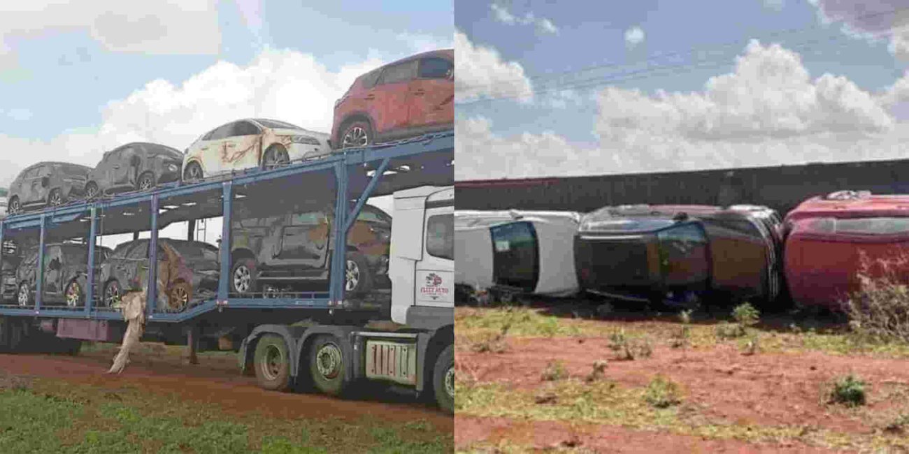 Car Importer Counting Huge Loses as Vehicle Carrier Overturns on Nairobi-Mombasa Highway