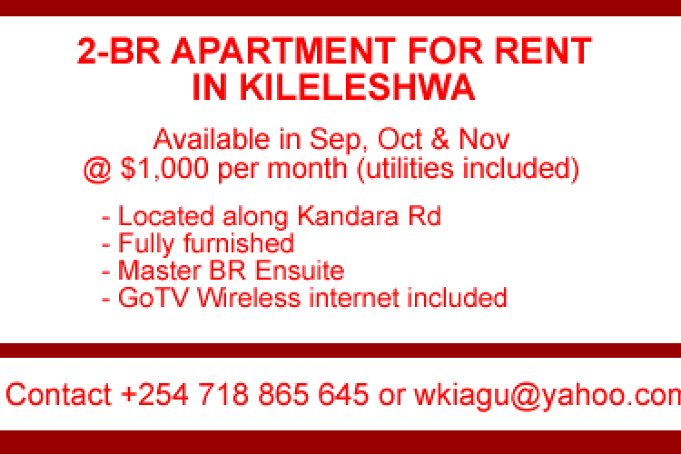 Traveling to Nairobi? A Furnished 2-BR Apartment is Available for Lease in Kileleshwa