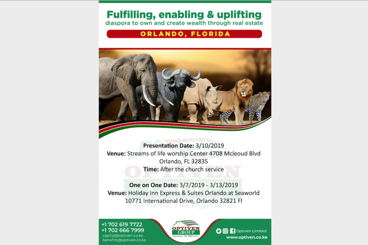 Kenya Real Estate Firm Optiven to Visit Streams of Life Worship Center in Orlando, Florida on March 10th