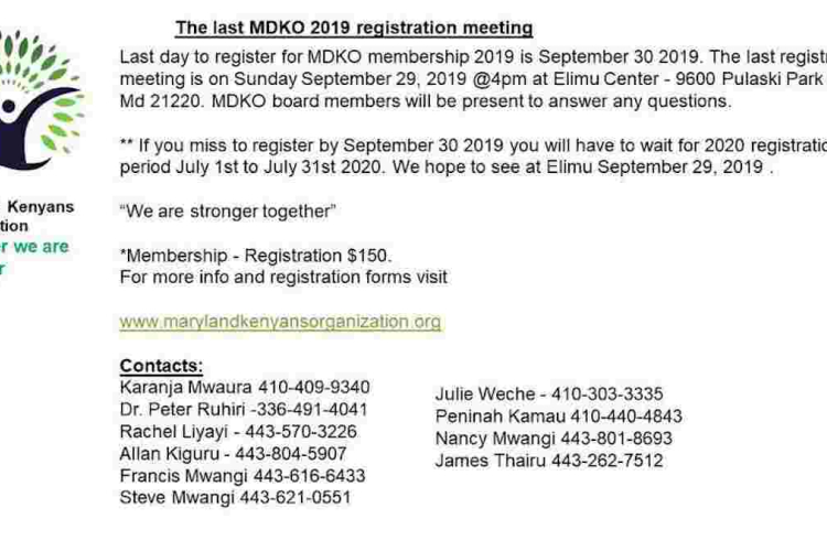 Maryland Kenyans Organization Final Registration Meeting: Sunday, September 29th, 2019