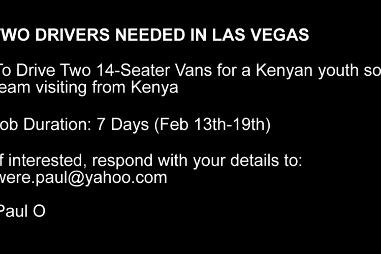 Two Drivers Needed in Las Vegas to Drive Visiting Kenyan Youth Soccer Team Around for 7 Days